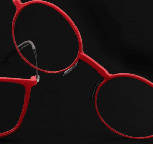 Close up of red eyeglass frames