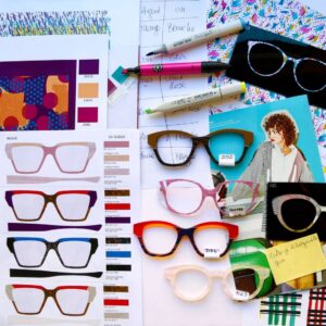 Design inspiration for Lafont frames, featuring a collage of colour swatches and frame samples