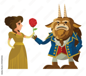 Beauty handing the Beast a rose in cartoon form